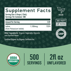 Flacon d'iode liquide bio SMNutrition avec des ingrédients naturels en arrière-plan
