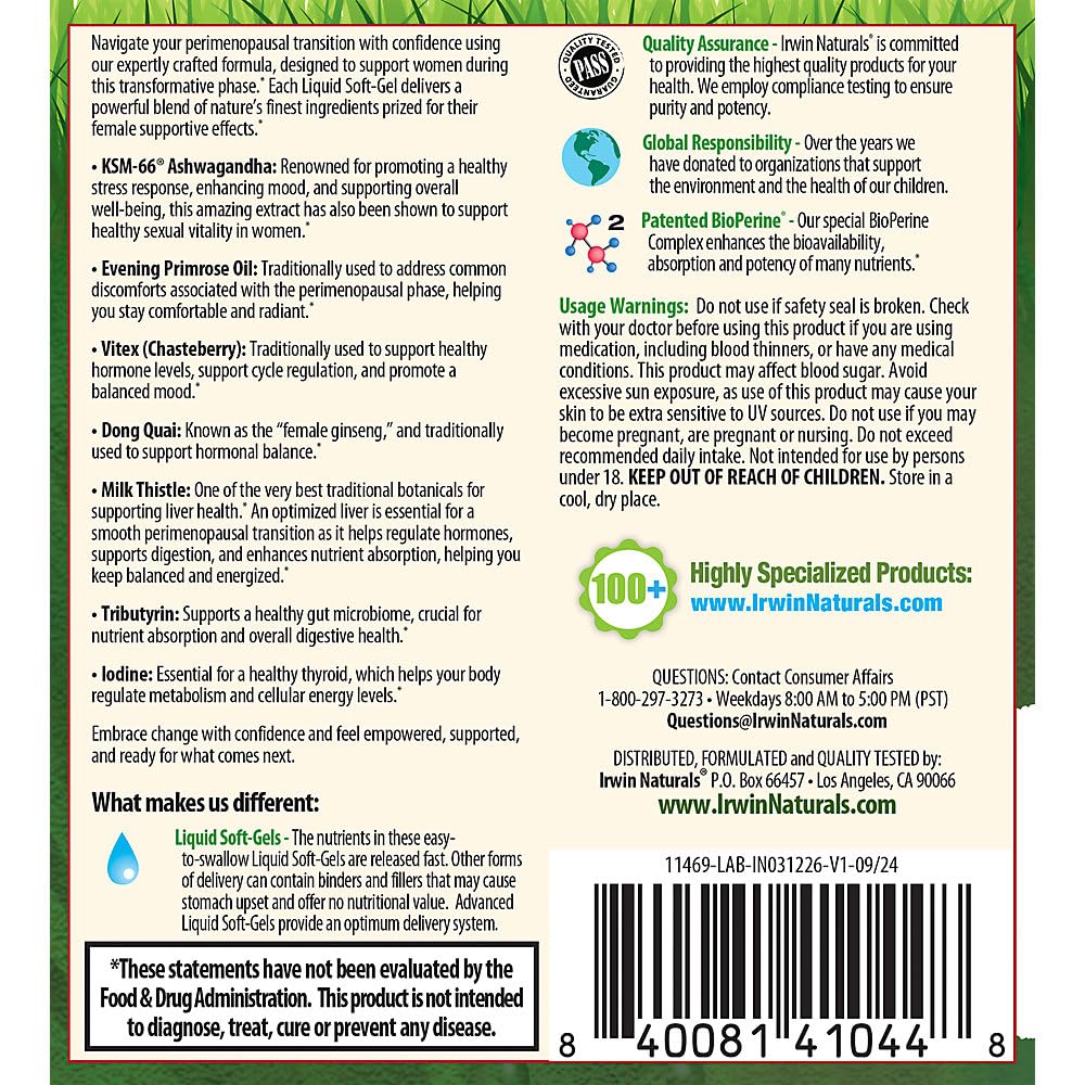 Flacon d'Irwin Naturals Female Balance 60 gélules liquides sur fond blanc