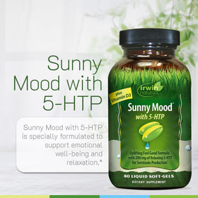 Flacon d'Irwin Naturals Sunny Mood 5-HTP avec capsules à côté