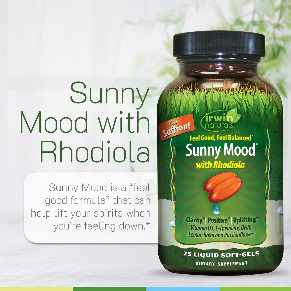 Flacon d'Irwin Naturals Sunny Mood avec étiquette visible