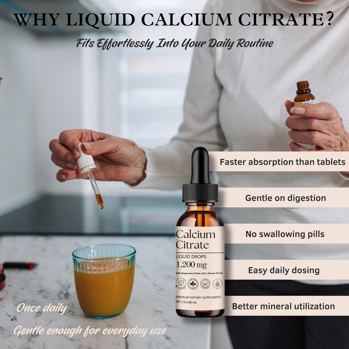 Flacon D L S calcium liquide avec des ingrédients en arrière-plan