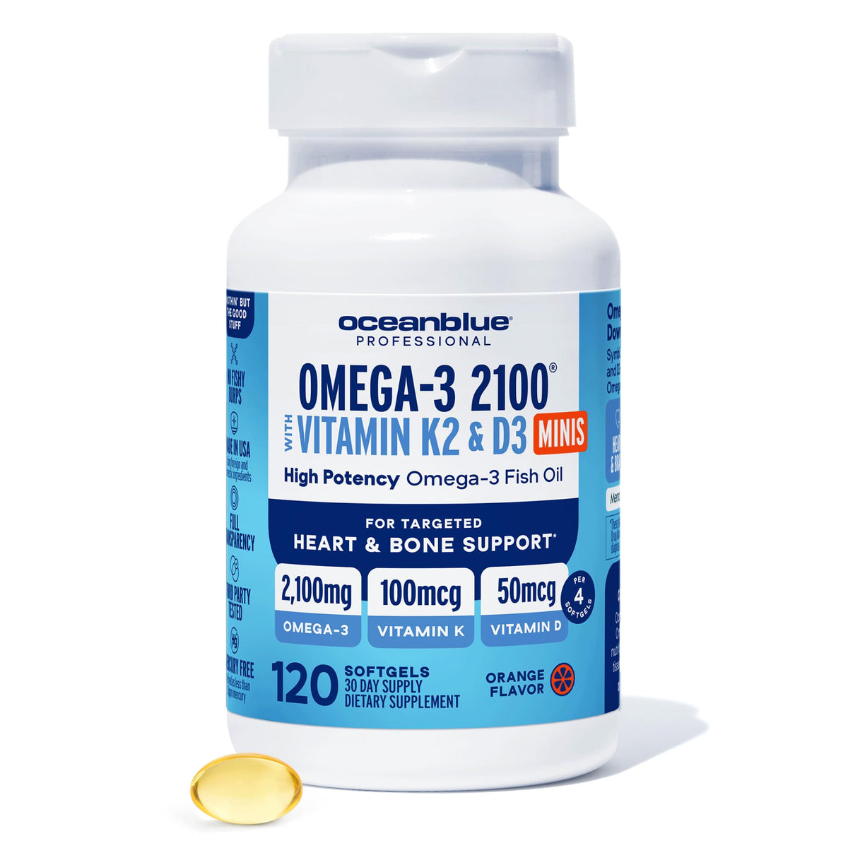 Flacon d'Oceanblue Omega-3 2100 avec capsules orange