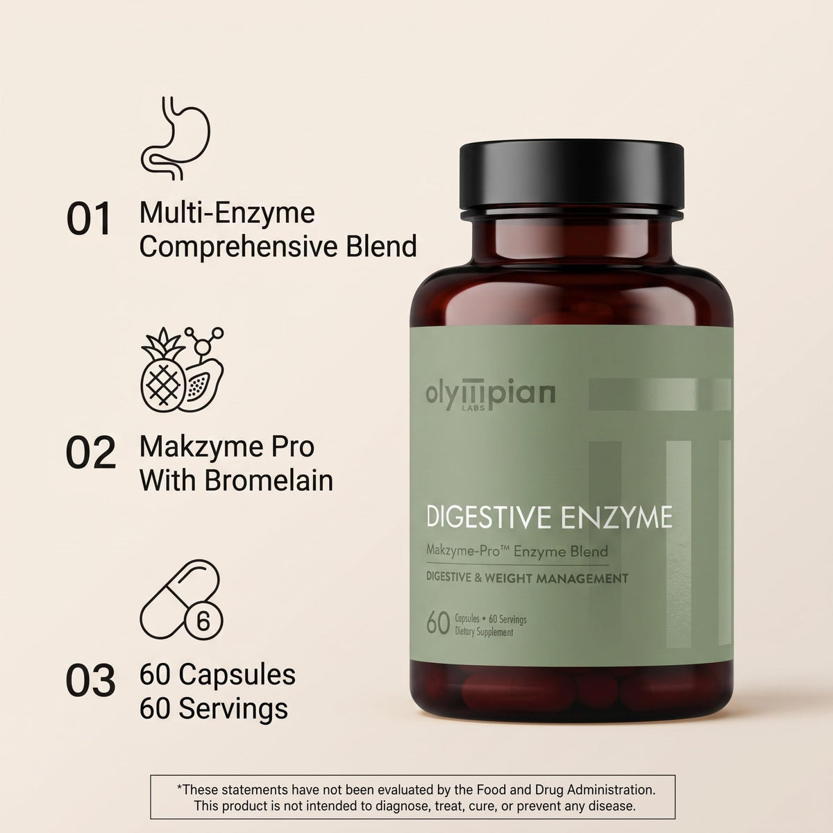 Flacon d'Olympian Labs Makzyme-Pro avec capsules à côté