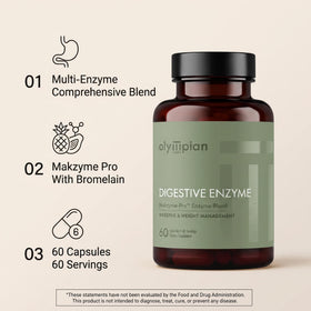 Flacon d'Olympian Labs Makzyme-Pro avec capsules à côté