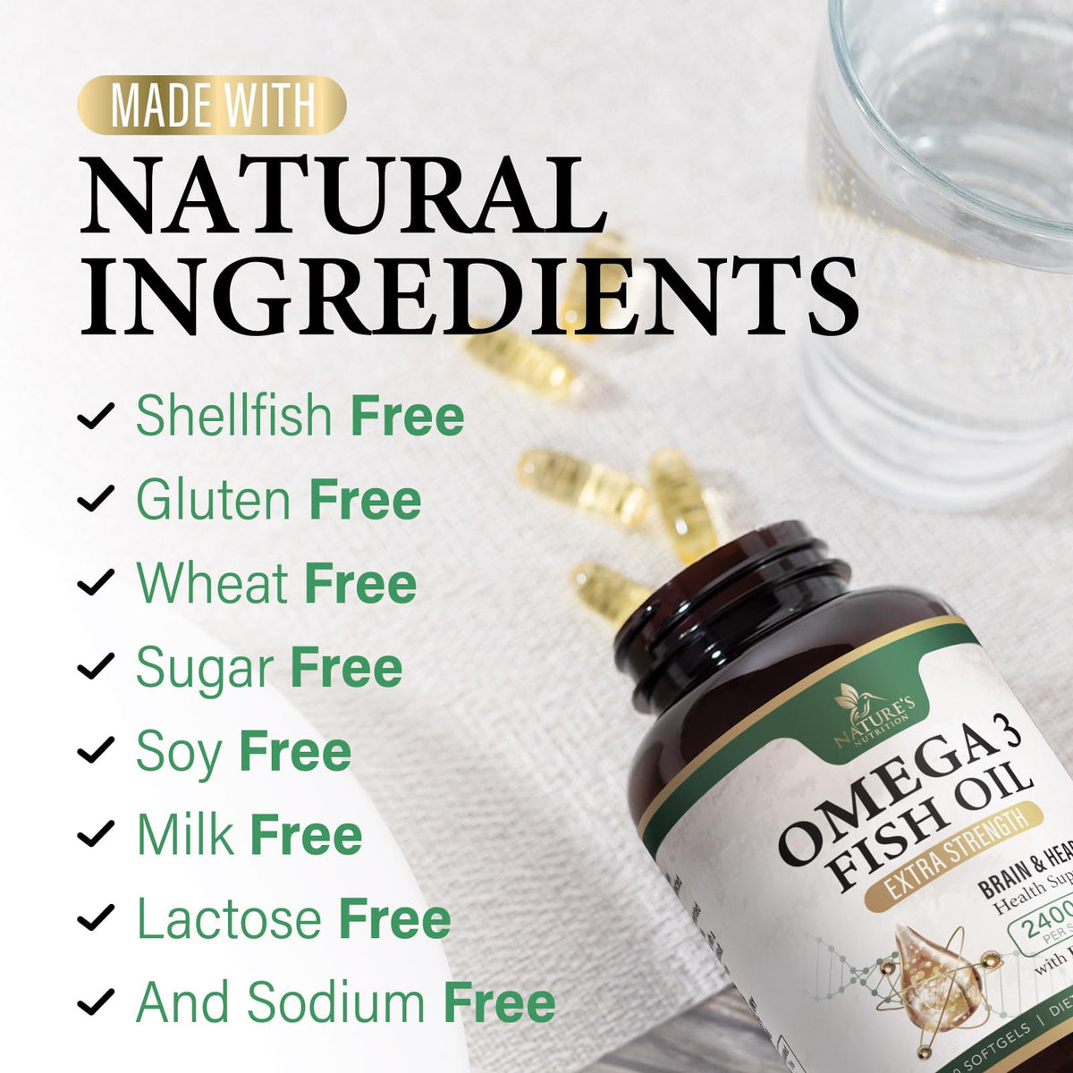 Flacon d'Omega 3 Nature's Nutrition avec étiquette visible