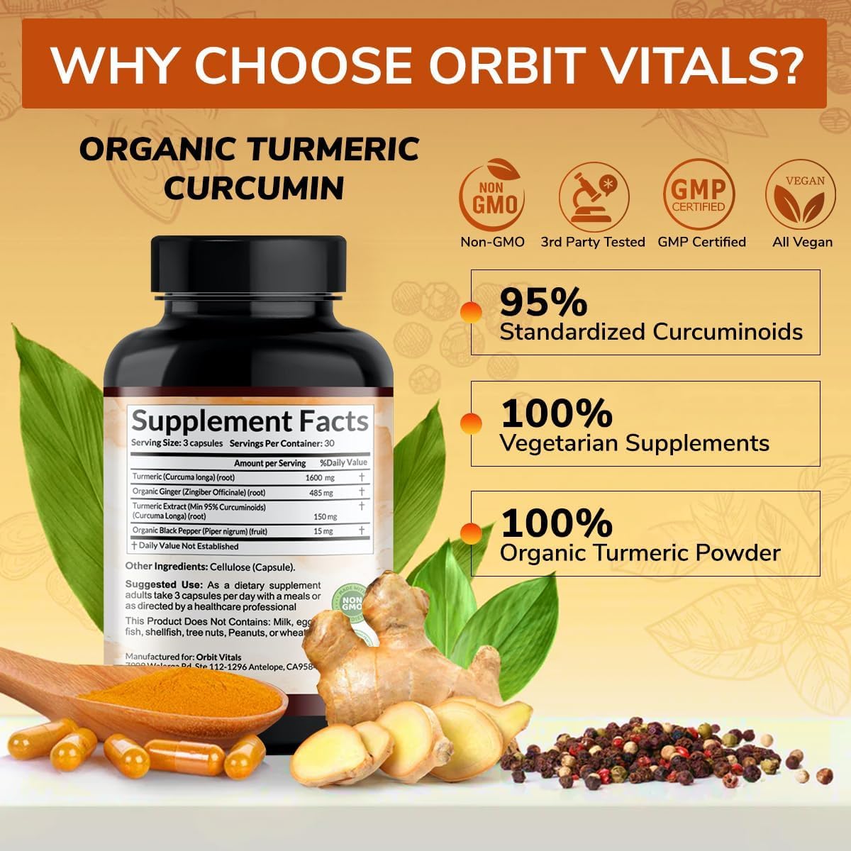 Flacon d'Orbit Vitals Curcuma ouvert avec capsules visibles