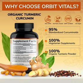 Flacon d'Orbit Vitals Curcuma ouvert avec capsules visibles