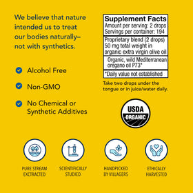 Flacon d'Oreganol P73 sur fond naturel