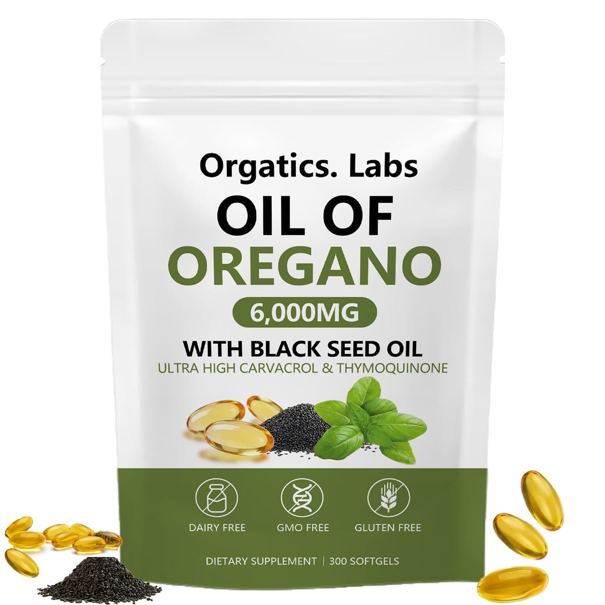 Flacon d'Orgatics. Huile d'Origan 6 000 mg avec 300 gélules