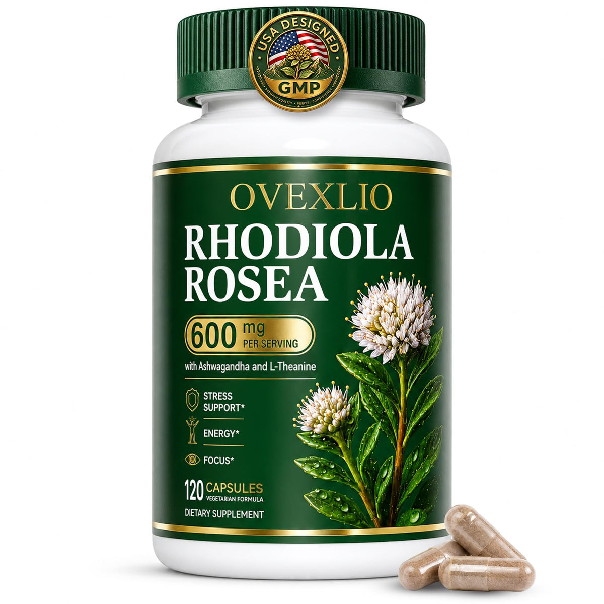 Flacon d'OVEXLIO Rhodiola Rosea 600mg avec 120 capsules