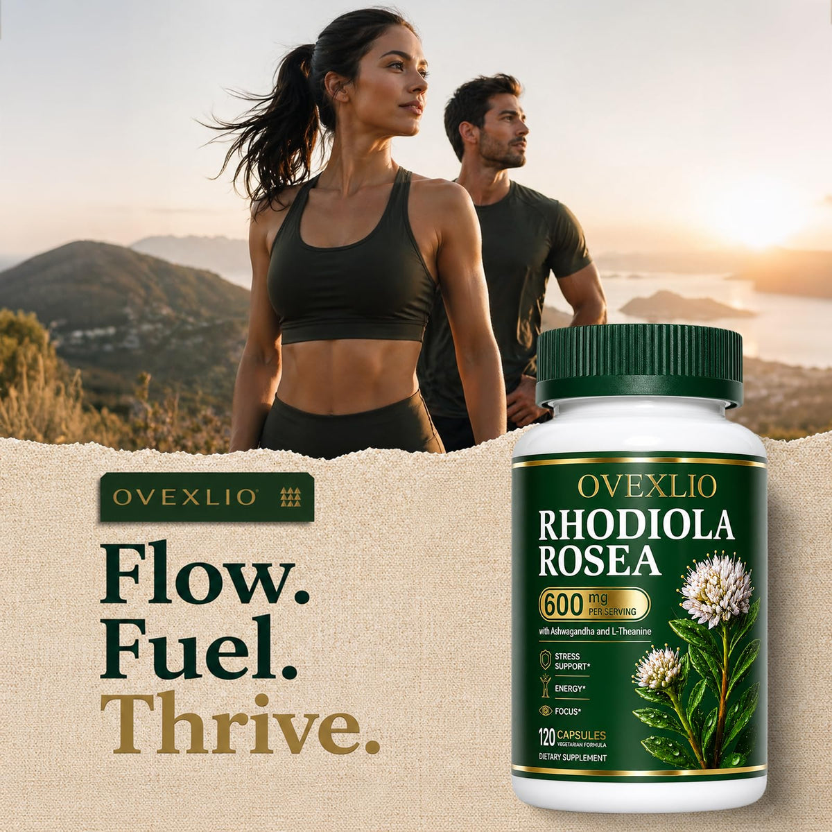 Flacon d'OVEXLIO Rhodiola Rosea ouvert avec capsules visibles