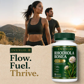 Flacon d'OVEXLIO Rhodiola Rosea ouvert avec capsules visibles