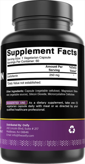 Flacon d'Oxify Lactoferrin 250 mg avec étiquette visible