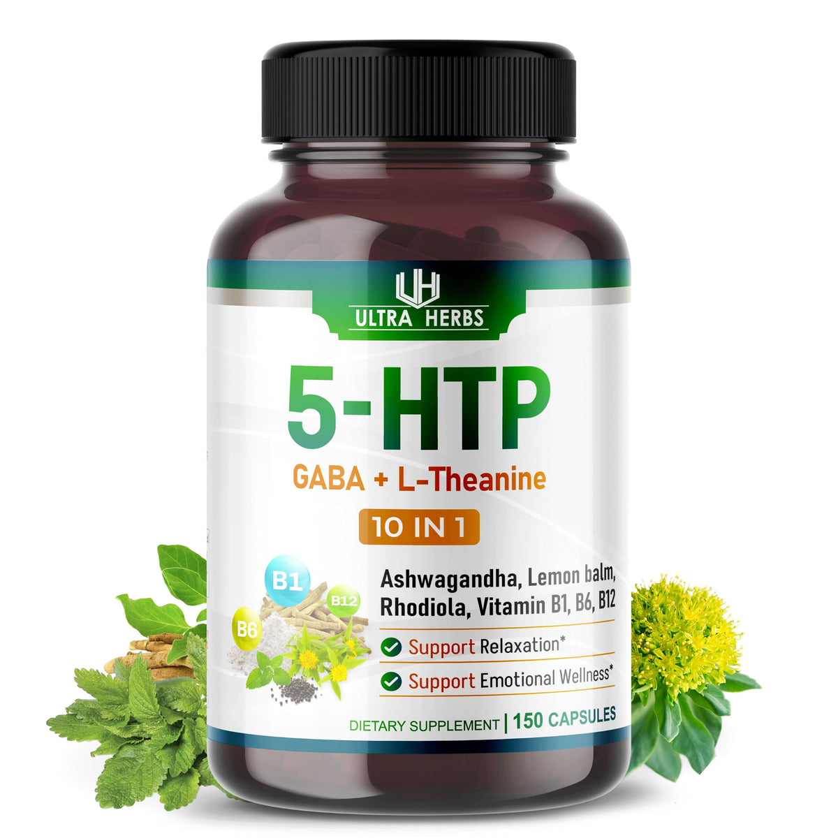 Flacon d'ULTRA HERBS 5-HTP avec GABA et Ashwagandha, vue de face