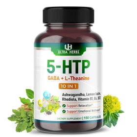 Flacon d'ULTRA HERBS 5-HTP avec GABA et Ashwagandha, vue de face