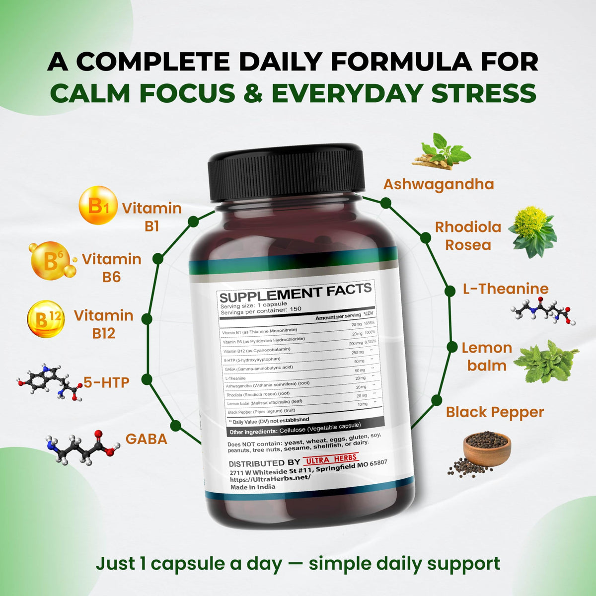 Flacon d'ULTRA HERBS 5-HTP ouvert avec capsules visibles