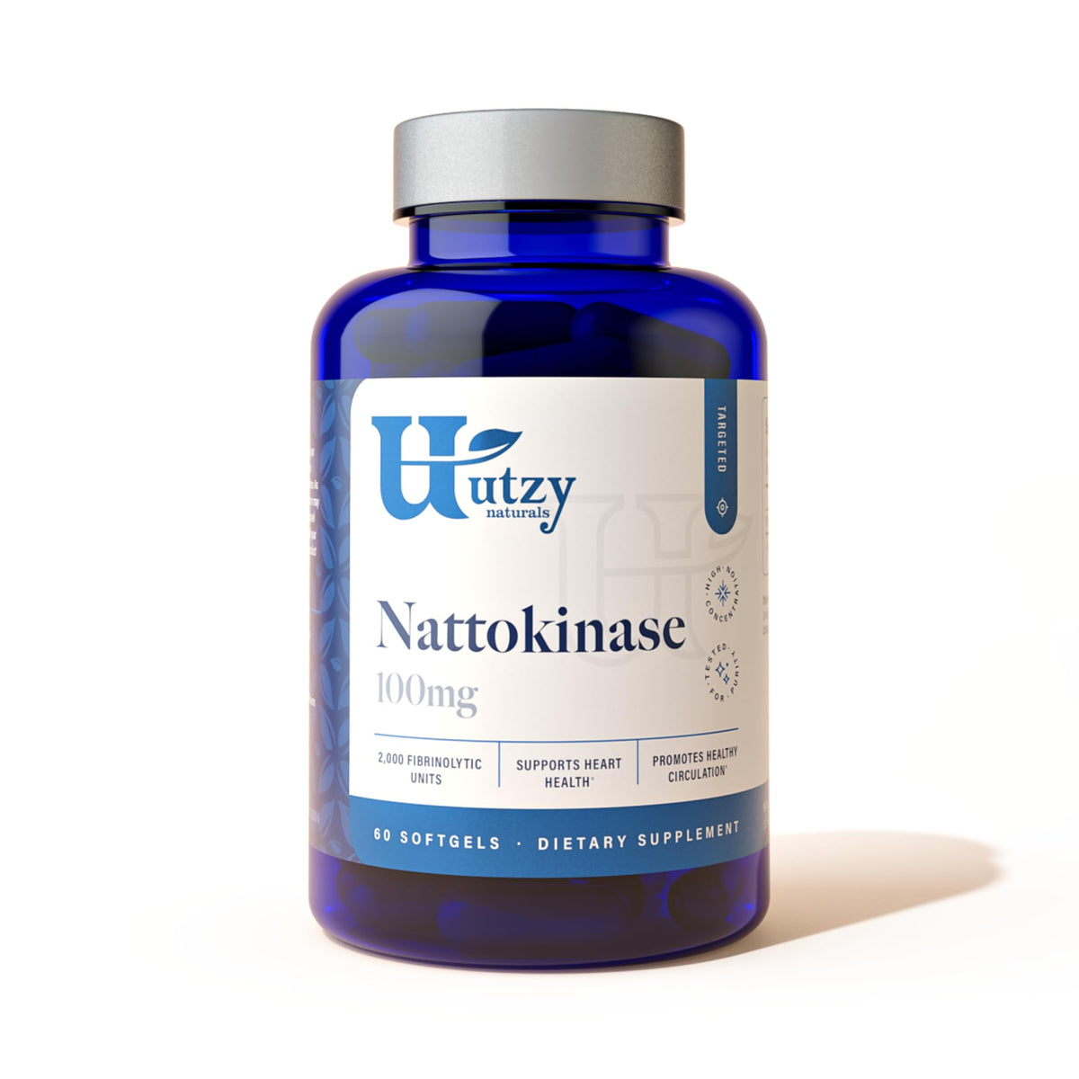 Flacon d'Utzy Naturals Nattokinase 2000 FU contenant 60 capsules végétales