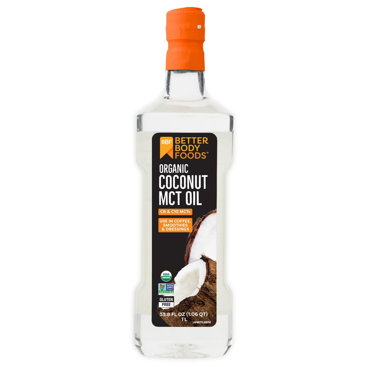 Flacon de 1 L d'huile de coco MCT BetterBody Foods, vue avant