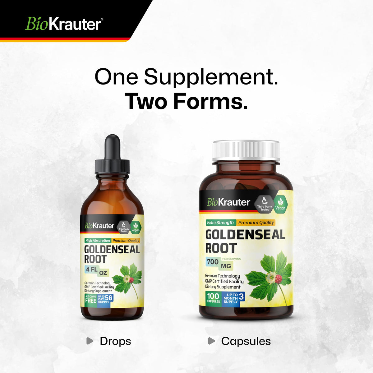 Flacon de 100 capsules de goldenseal avec dimensions visibles