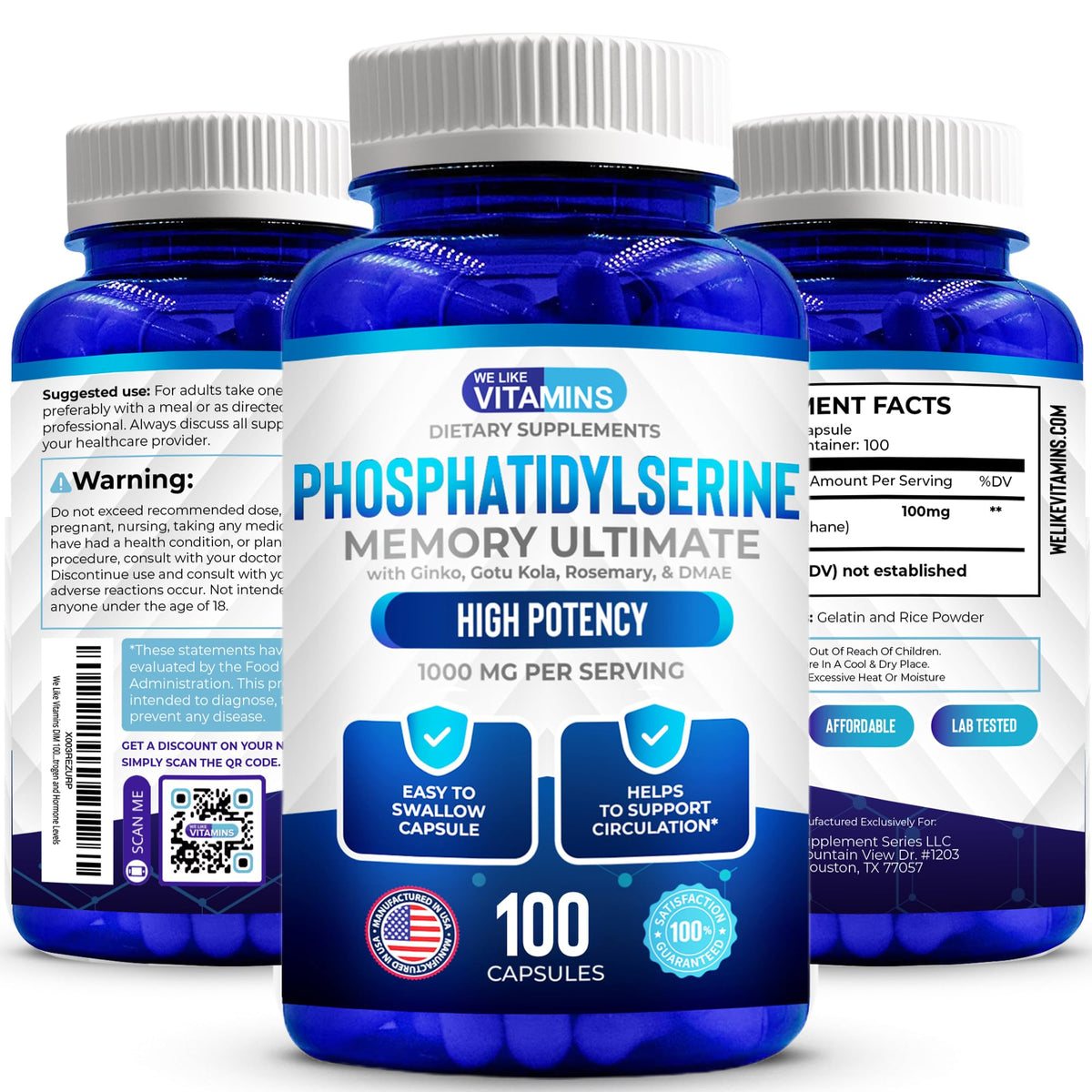 Flacon de 100 capsules de phosphatidylsérine We Like Vitamins sur fond blanc