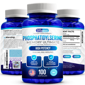Flacon de 100 capsules de phosphatidylsérine We Like Vitamins sur fond blanc