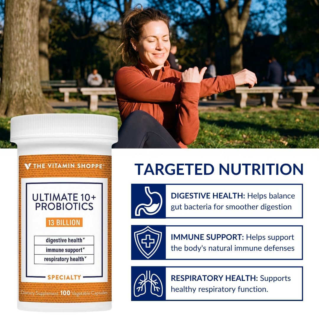 Flacon de 100 capsules de probiotiques The Vitamin Shoppe sur une table