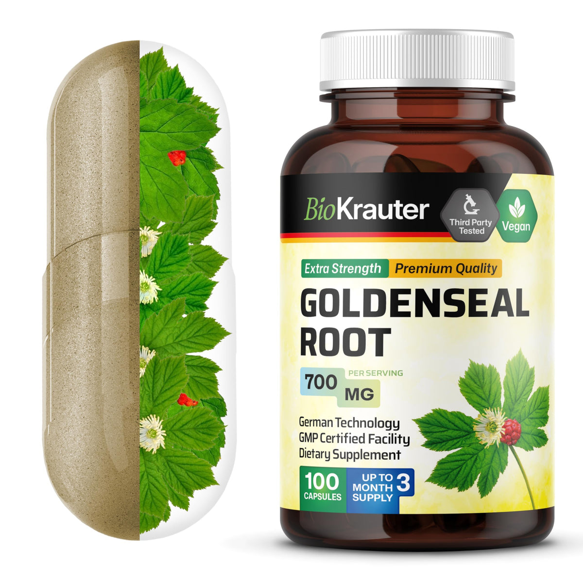 Flacon de 100 capsules de racine de goldenseal BIO KRAUTER vue avant