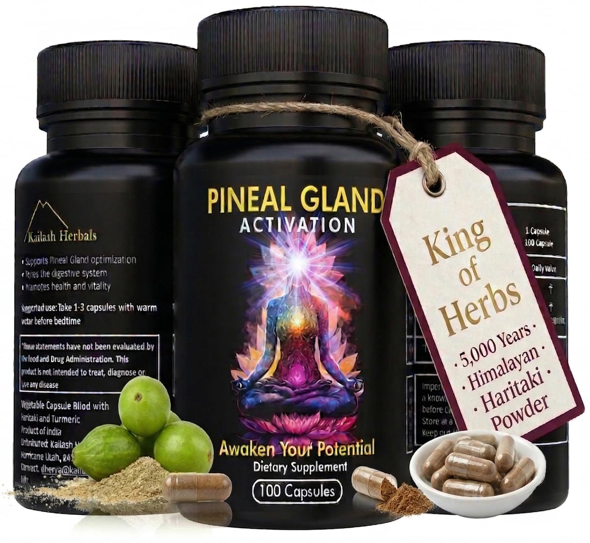 Flacon de 100 capsules végétales Kailash Herbals pour activation de la glande pinéale