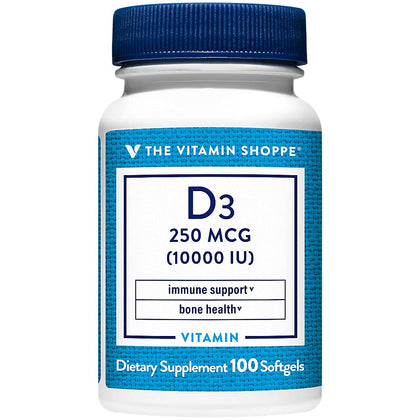 Flacon de 100 gélules de vitamine D3 10000 IU de The Vitamin Shoppe