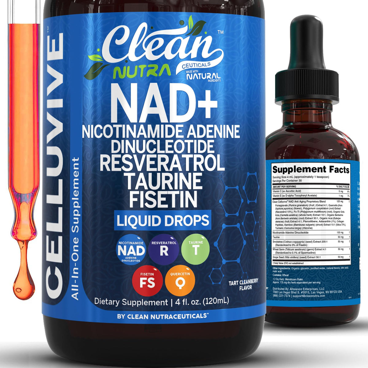 Flacon de 118 ml de Clean Nutraceuticals Complément Alimentaire NAD avec Resvératrol