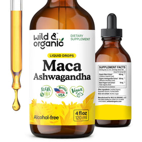 Flacon de 118 ml de gouttes de Maca et Ashwagandha Wild & Organic