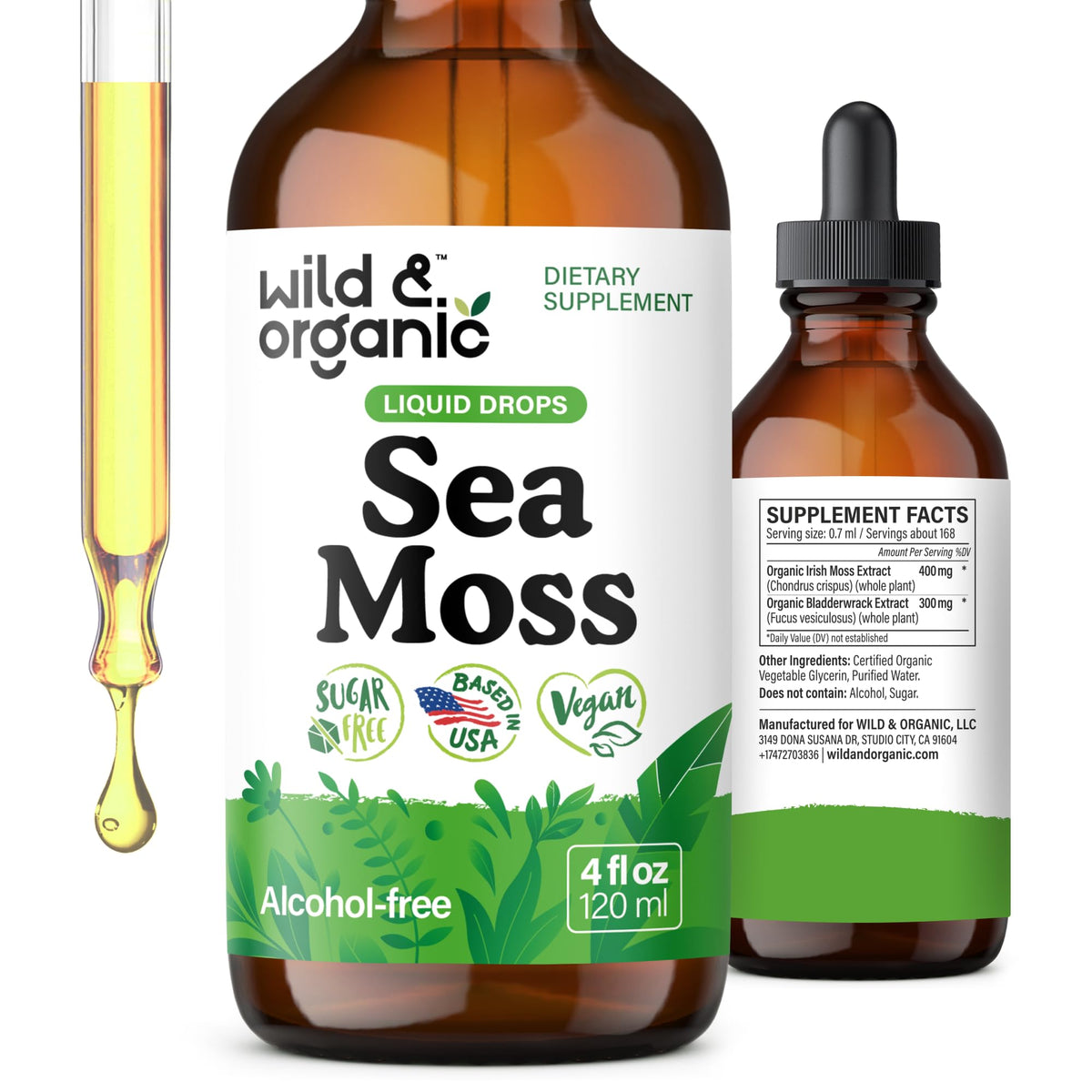 Flacon de 118 ml de gouttes de mousse de mer Wild & Organic avec étiquette