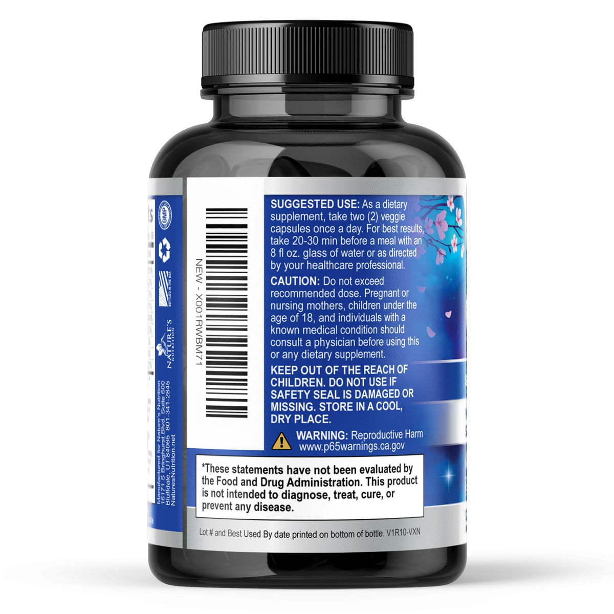 Flacon de 120 capsules Ashwagandha avec informations nutritionnelles