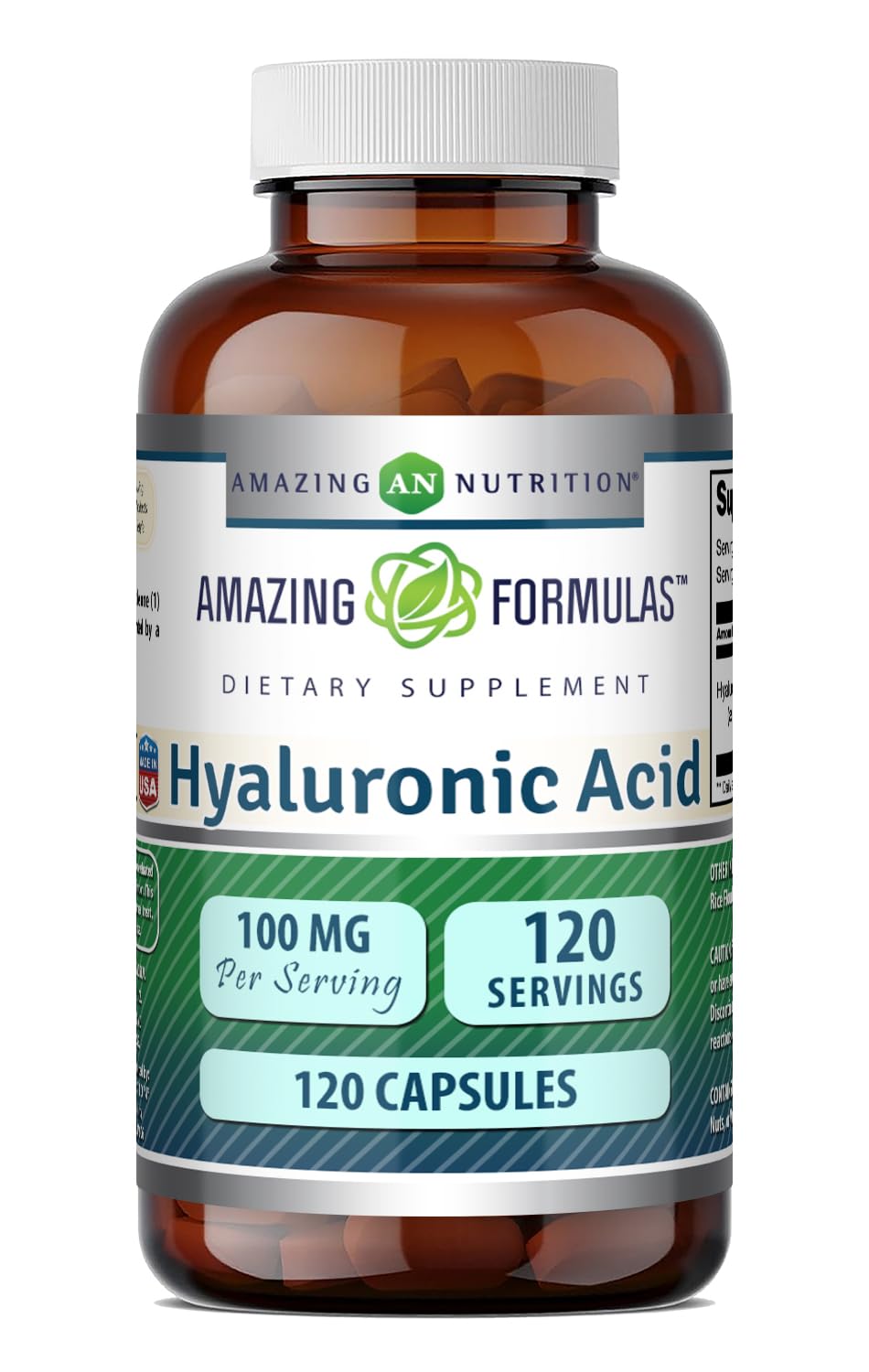 Flacon de 120 capsules d'acide hyaluronique Amazing Nutrition vue de face