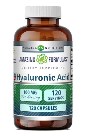 Flacon de 120 capsules d'acide hyaluronique Amazing Nutrition vue de face