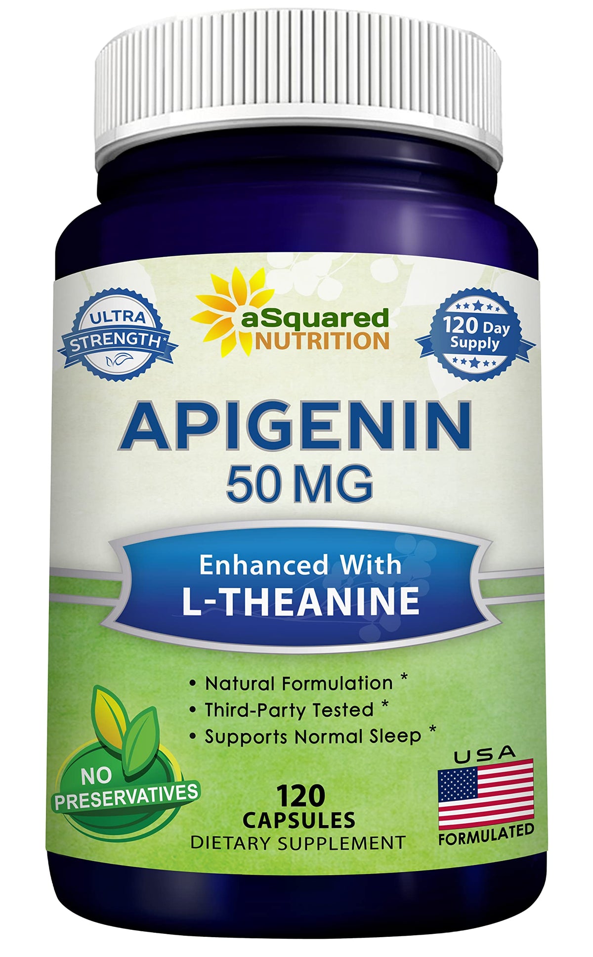 Flacon de 120 capsules d'Apigenin 50mg et L-Theanine 200mg de aSquared Nutrition