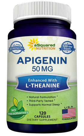Flacon de 120 capsules d'Apigenin 50mg et L-Theanine 200mg de aSquared Nutrition