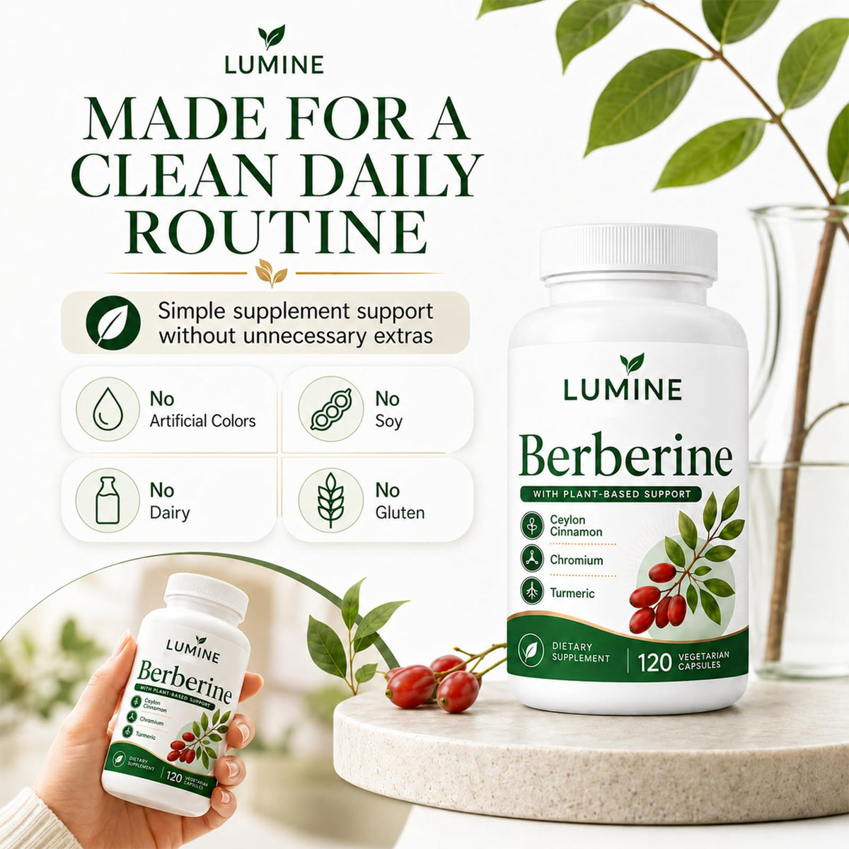 Flacon de 120 capsules de berbérine Lumine Organics avec couvercle