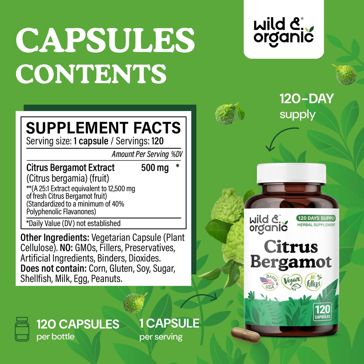 Flacon de 120 capsules de bergamote citron Wild & Organic