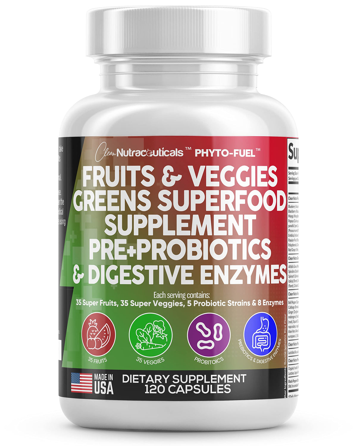 Flacon de 120 capsules de complément alimentaire Fruits et Légumes Clean Nutraceuticals
