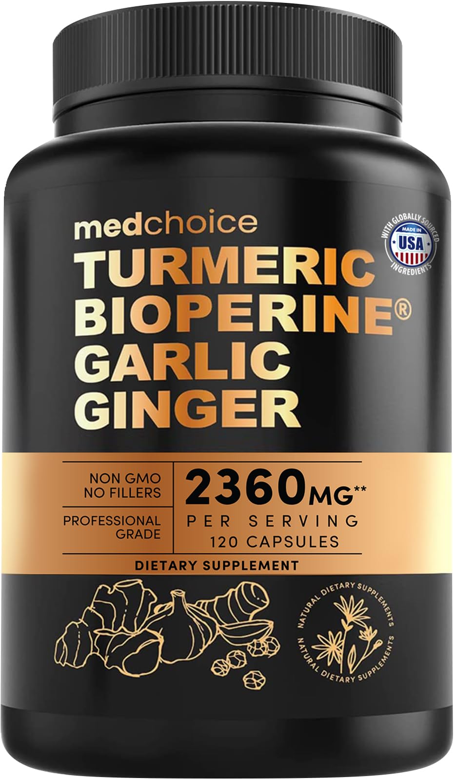 Flacon de 120 capsules de complément alimentaire MEDCHOICE Curcuma 4-en-1
