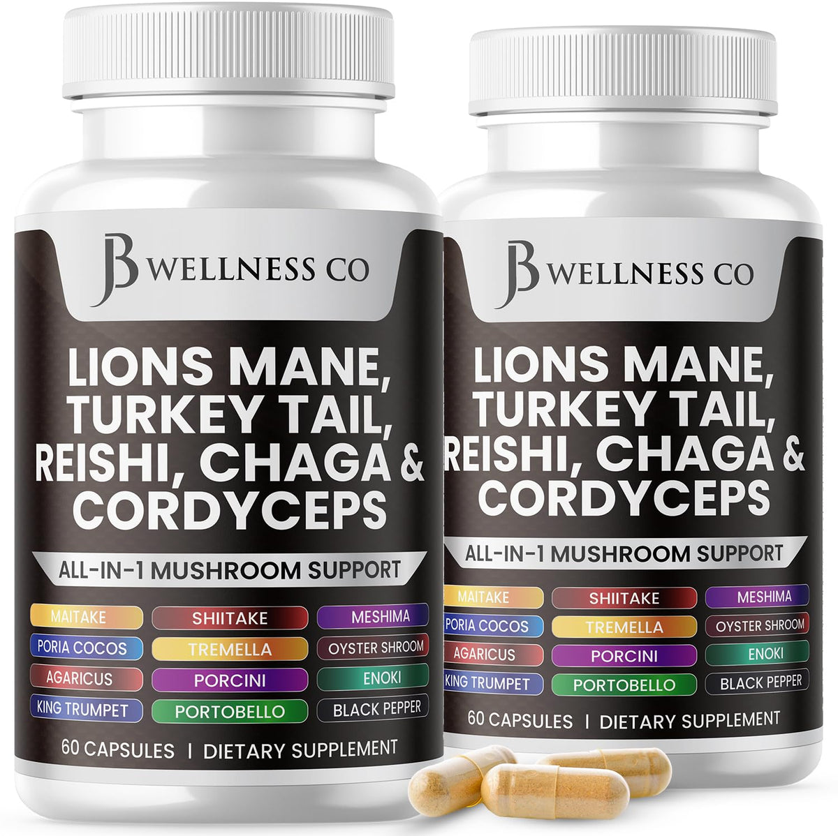 Flacon de 120 capsules de complément Lion's Mane et Racine de Guimauve de JB Wellness Co