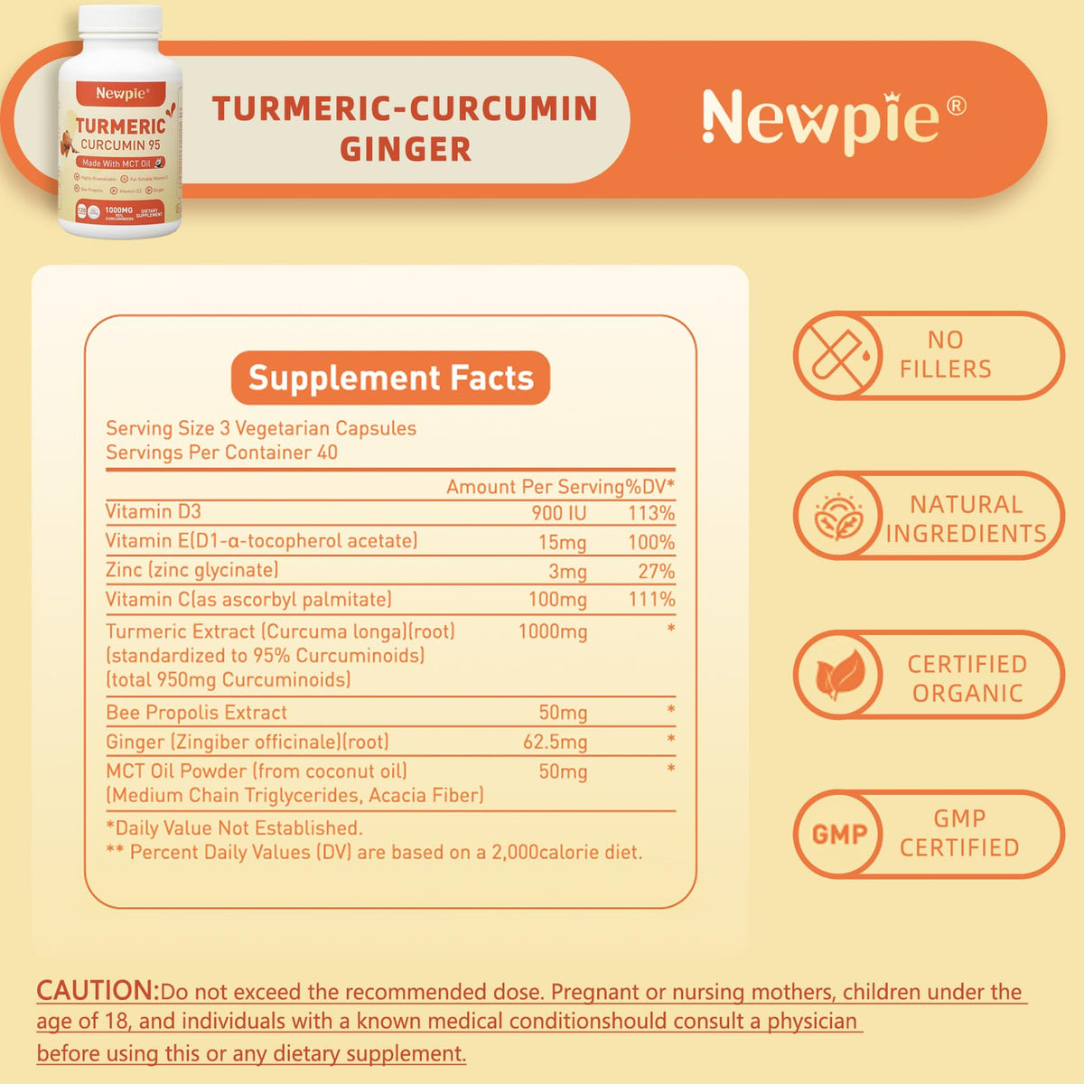 Flacon de 120 capsules de curcuma Newpie avec étiquette