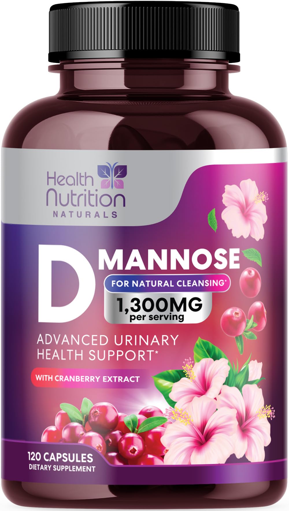 Flacon de 120 capsules de D-Mannose 1300 mg avec extrait de canneberge