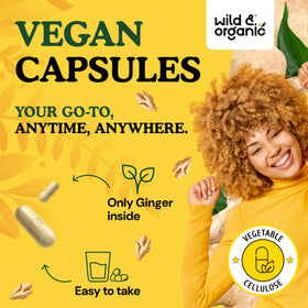 Flacon de 120 capsules de gingembre Wild & Organic avec étiquette visible