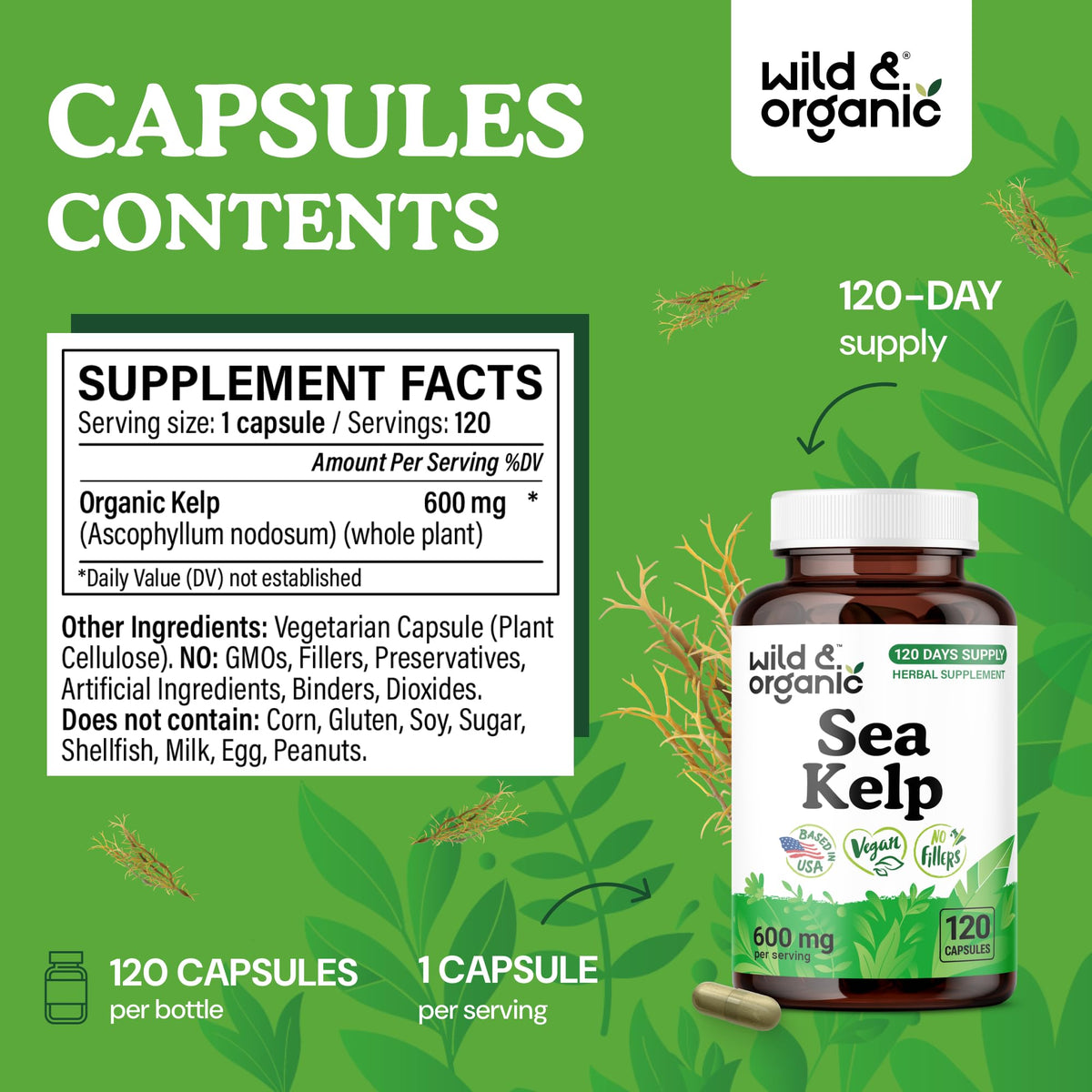 Flacon de 120 capsules de kelp marin Wild & Organic, côté