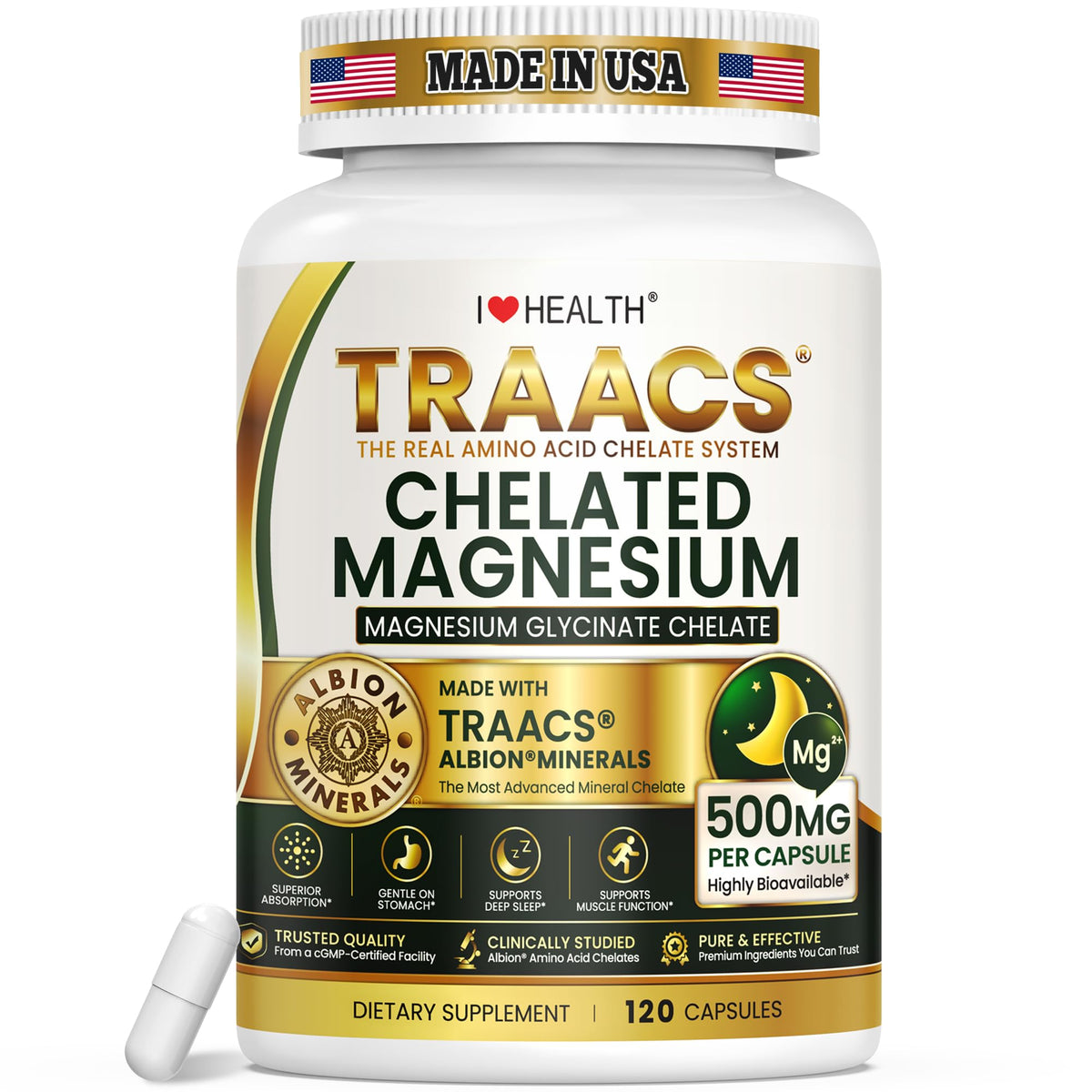 Flacon de 120 capsules de magnésium glycinate 500MG d'I LOVE HEALTH