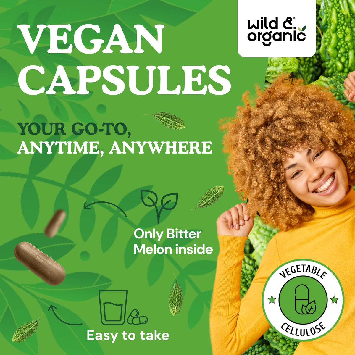 Flacon de 120 capsules de melon amer Wild & Organic, vue de côté