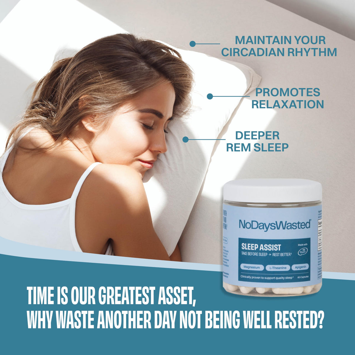 Flacon de 120 capsules de No Days Wasted sur fond blanc