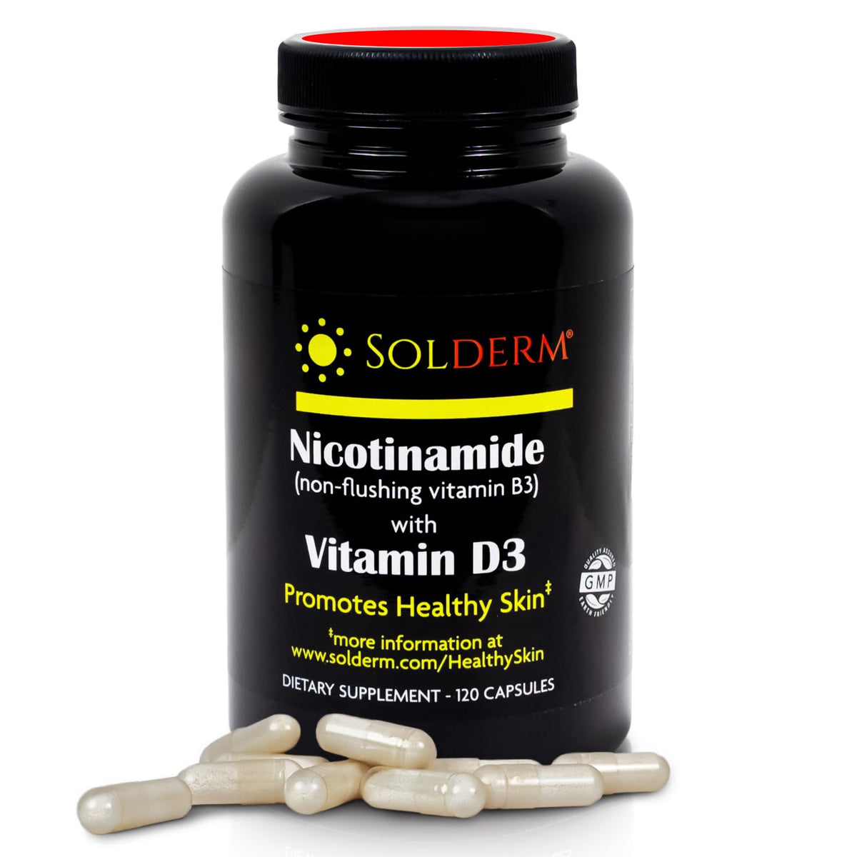 Flacon de 120 capsules de SOLDEREM Nicotinamide B3 et D3 500mg vue de face